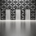 Five closed doors in a black and white ornate hallway symbolizing opportunities and decisions.